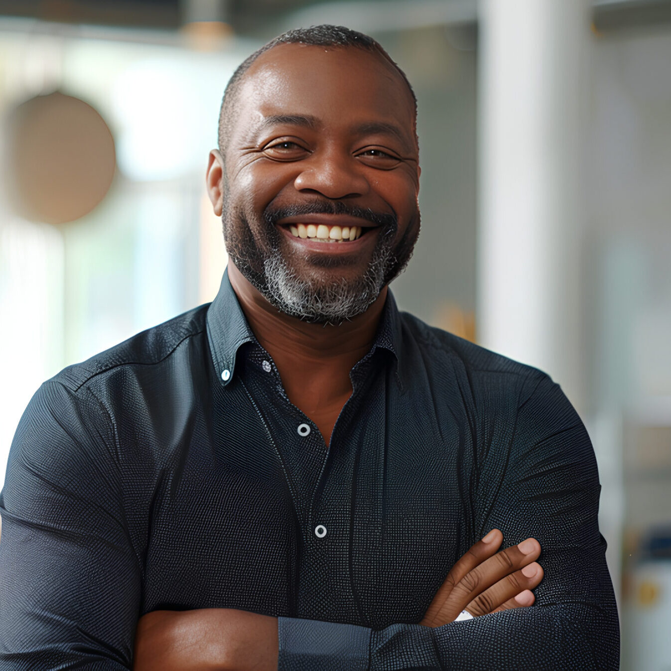 Crossed arms, laugh and face of business black man in office for leadership, funny joke and success. Corporate, manager and portrait of happy person in workplace for ambition, pride and confidence